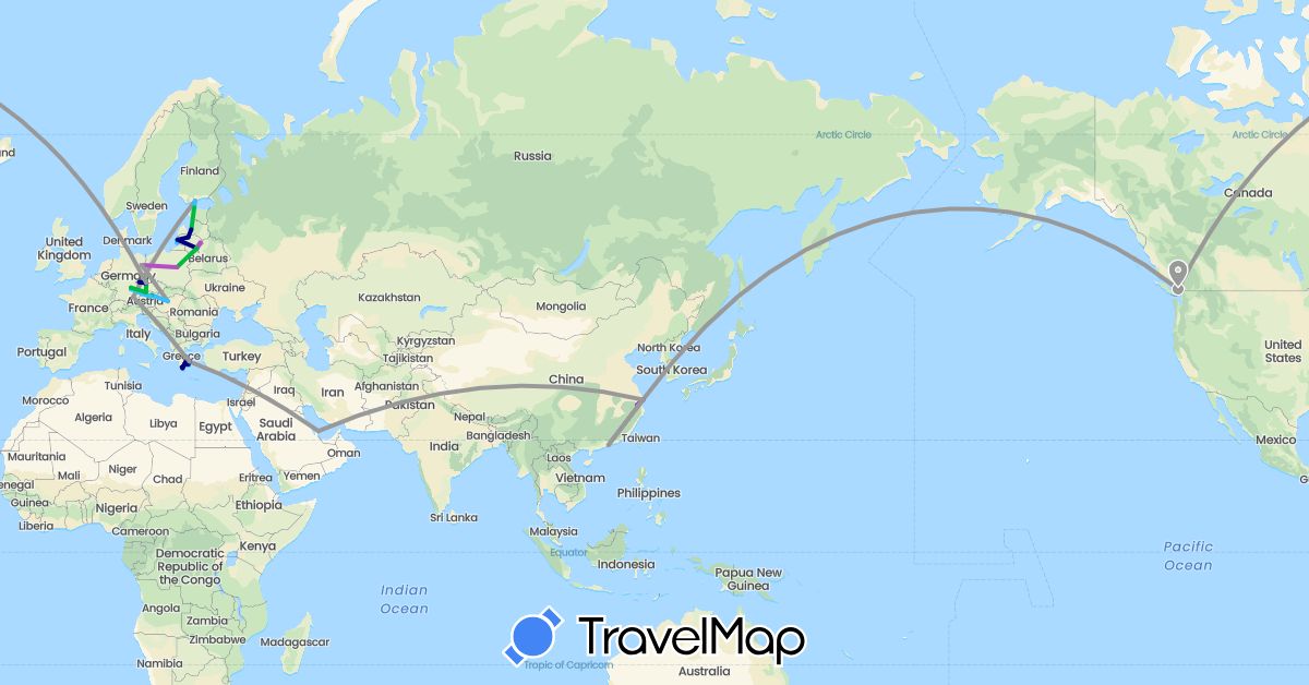 TravelMap itinerary: driving, bus, plane, train, boat in Austria, Canada, China, Czech Republic, Germany, Estonia, Finland, Greece, Hungary, Lithuania, Latvia, Poland, Qatar (Asia, Europe, North America)